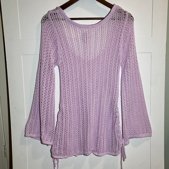 SHEIN Womens M Lavender Crochet Bell Flare Sleeve Sweater Top Fairy Festival - Picture 3 of 8
